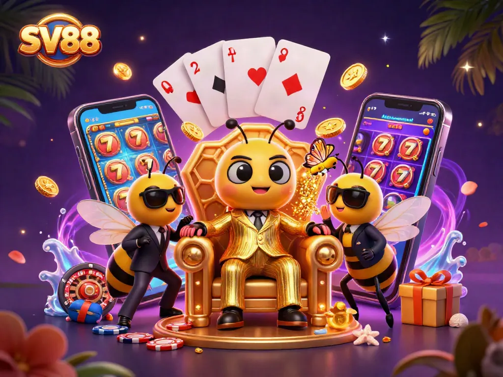 Experience SV88 with a vibrant 3D casino scene full of lively characters and interactive gaming elements.