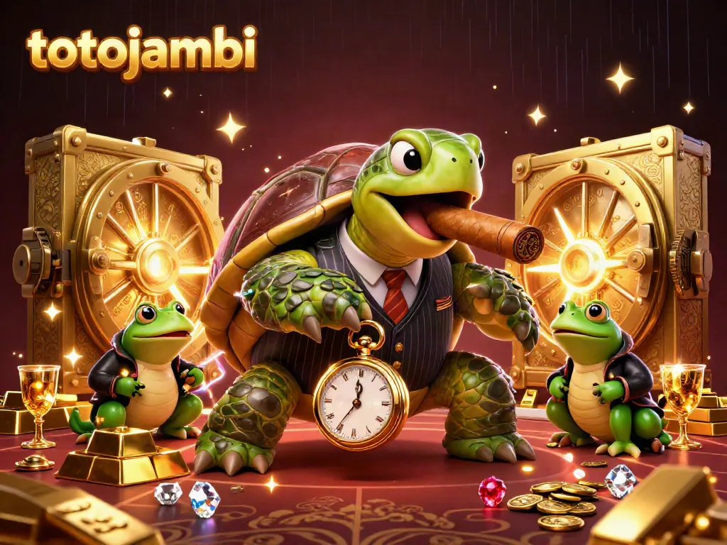 Win big at totojambi with this exciting illustration of a cartoon turtle and bullfrogs in a vibrant casino setting.