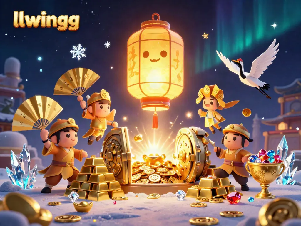 Experience the magic of llwingg, where a golden lantern spirit illuminates a vibrant casino scene filled with treasures.