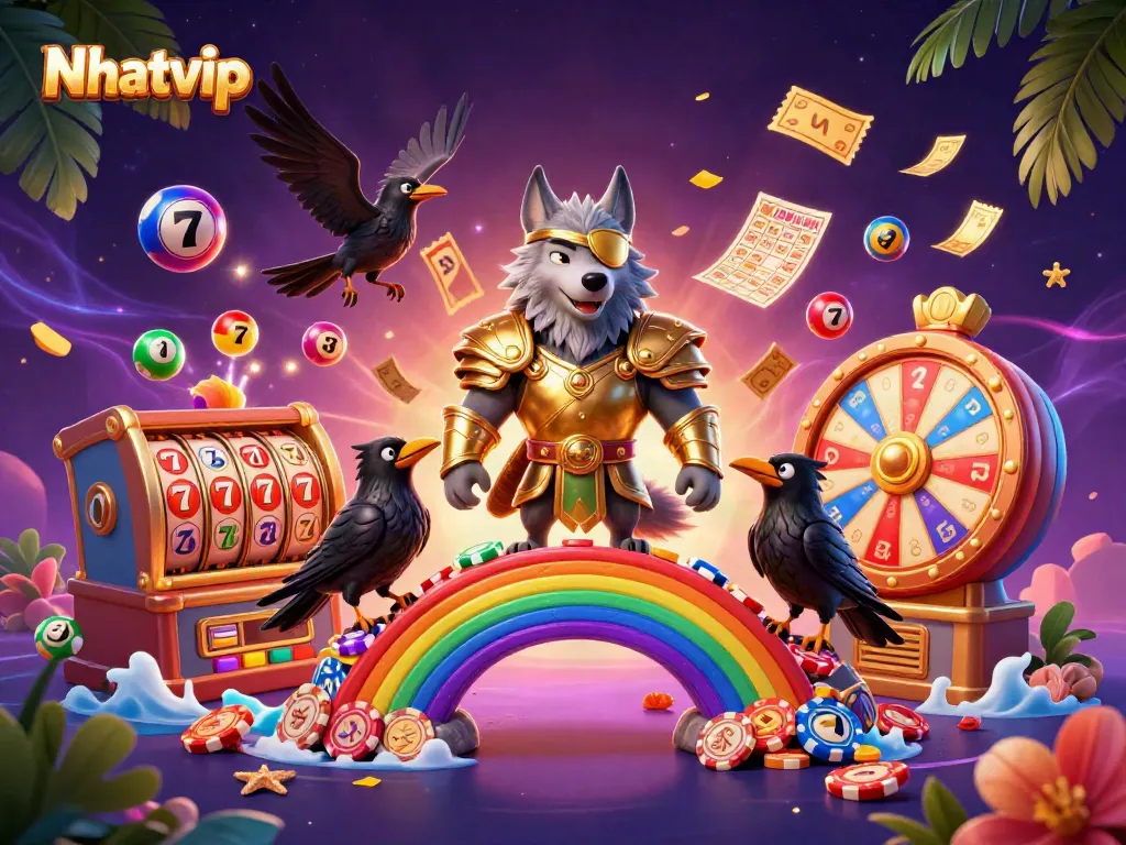 Nhatvip offers an exciting view of a mythical casino scene with Odin and ravens amidst vibrant gaming elements.