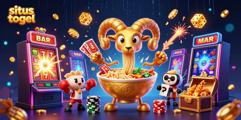 Situs togel themed illustration showcasing vibrant casino elements and characters in a dynamic 3D scene.