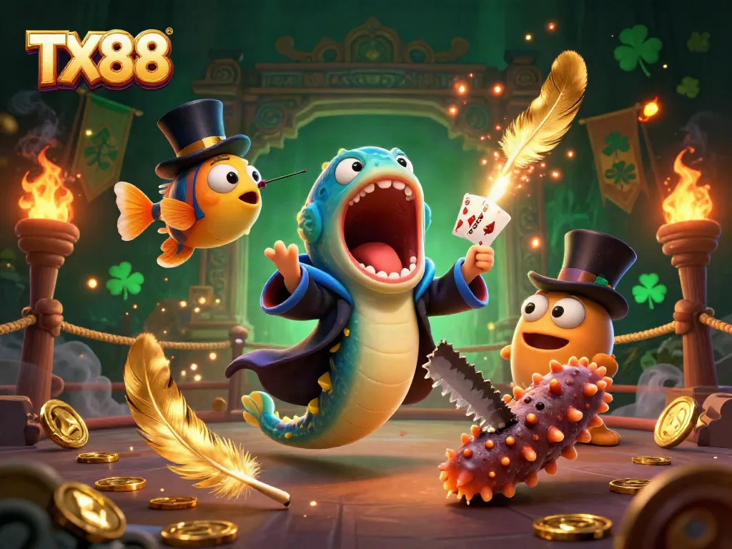 Experience thrilling card magic with TX88's cartoon eel and anglerfish in a vibrant casino setting.