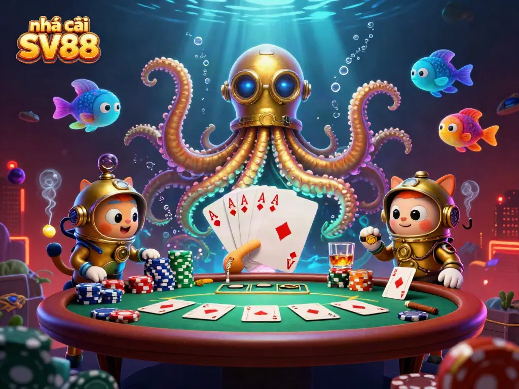 Play exciting games at nhà cái SV88 featuring a colossal kraken and a diving cat in a vibrant casino scene.