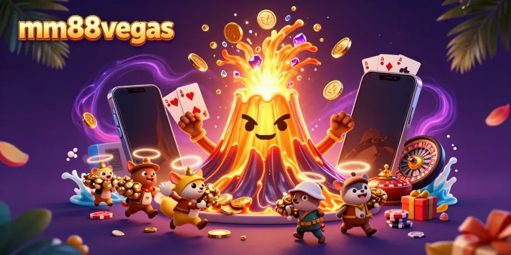 Experience thrill at mm88vegas with a 3D cartoon scene of a golden volcano erupting treasure, showcasing casino excitement.