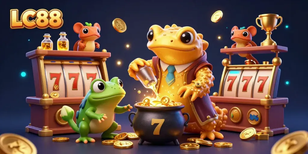 Engage with LC88's captivating fantasy casino scene, where a golden salamander brings luck through slot machine magic.