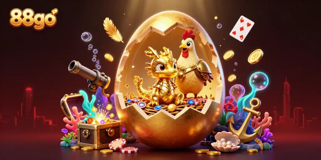 88go showcases a golden dragon among treasure in this vibrant casino-themed illustration.