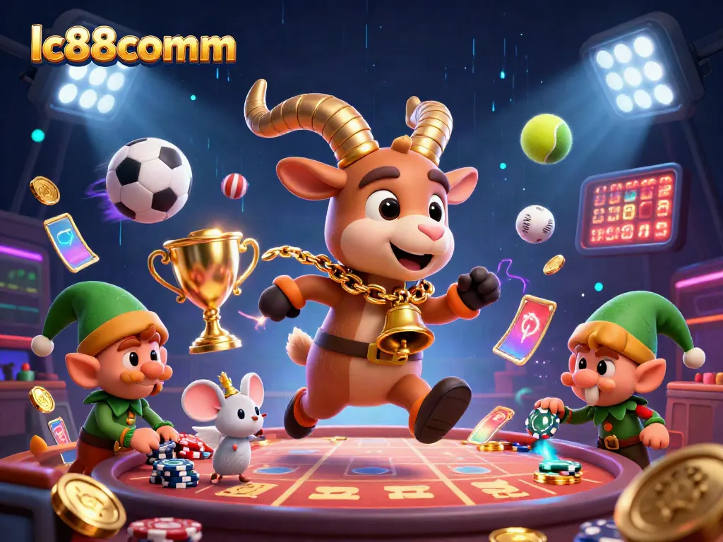 Experience the thrill of gaming with lc88comm's festive casino scene featuring animated characters and dynamic game elements.