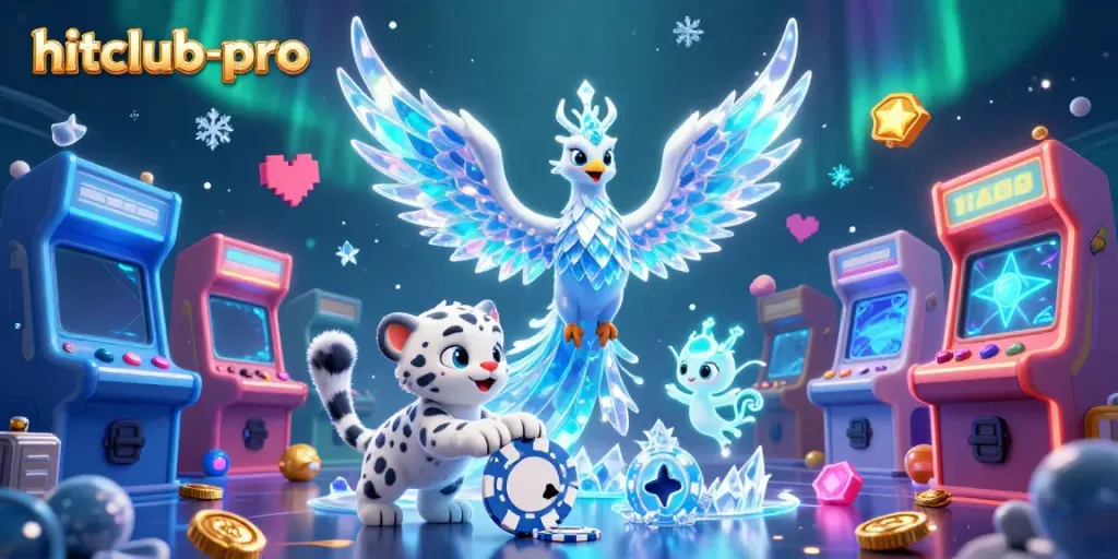 Win big with hitclub-pro featuring a magical phoenix and playful snow leopard in a vibrant casino scene.