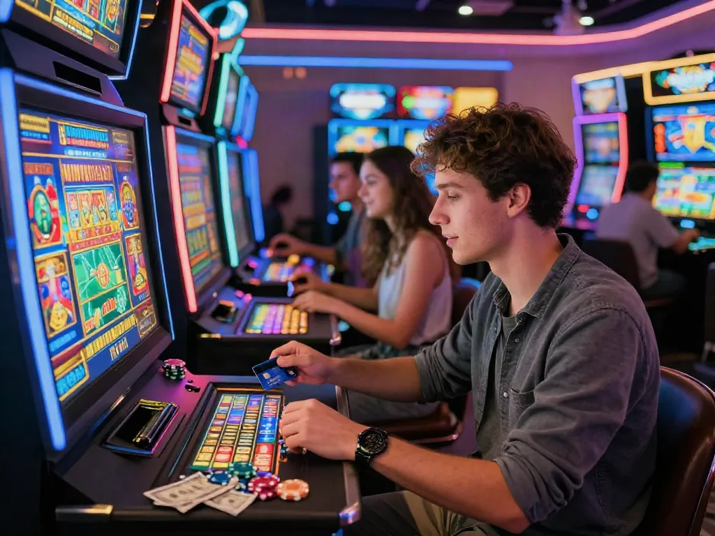 Player engaging with credit card casinos at vibrant gaming station, highlighting excitement and social atmosphere.