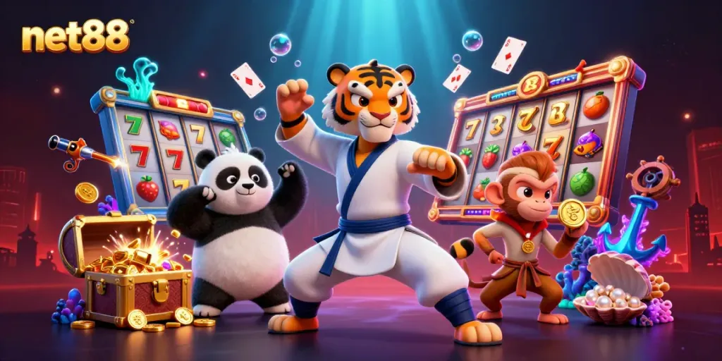 Experience the excitement of net88 with vibrant 3D scenes featuring slots, winning symbols, and dynamic characters.