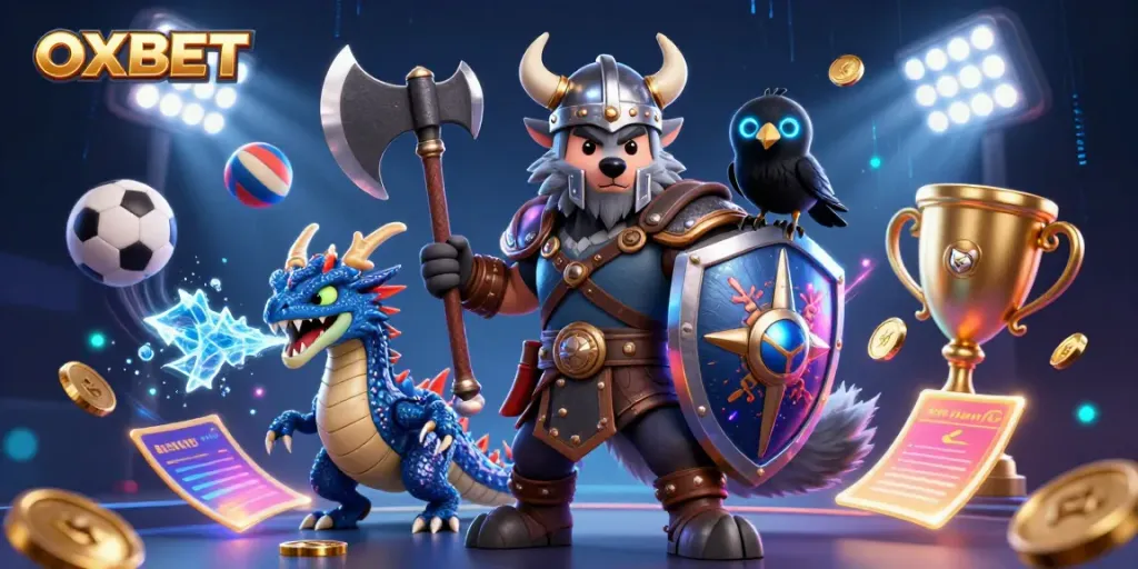 Experience thrilling sports betting with OXBET illustrated in a vibrant 3D casino scene featuring a Viking warrior and dragon.