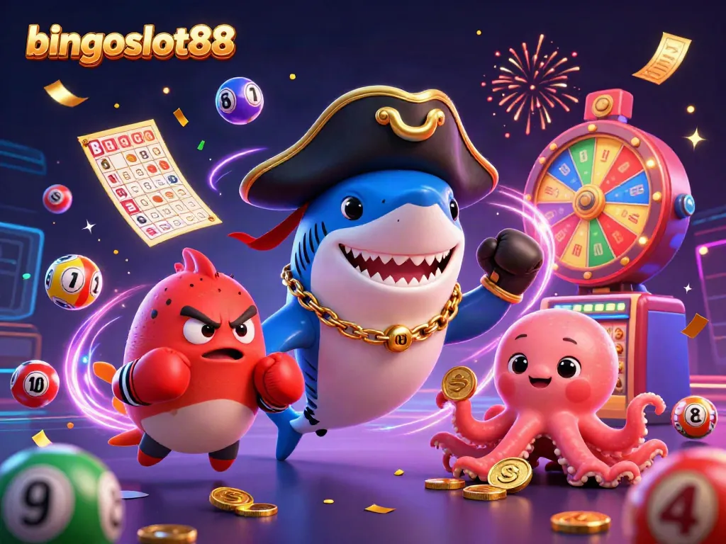 Rasakan keseruan bingoslot88 dengan ilustrasi kasino 3D penuh warna dan karakter lucu.