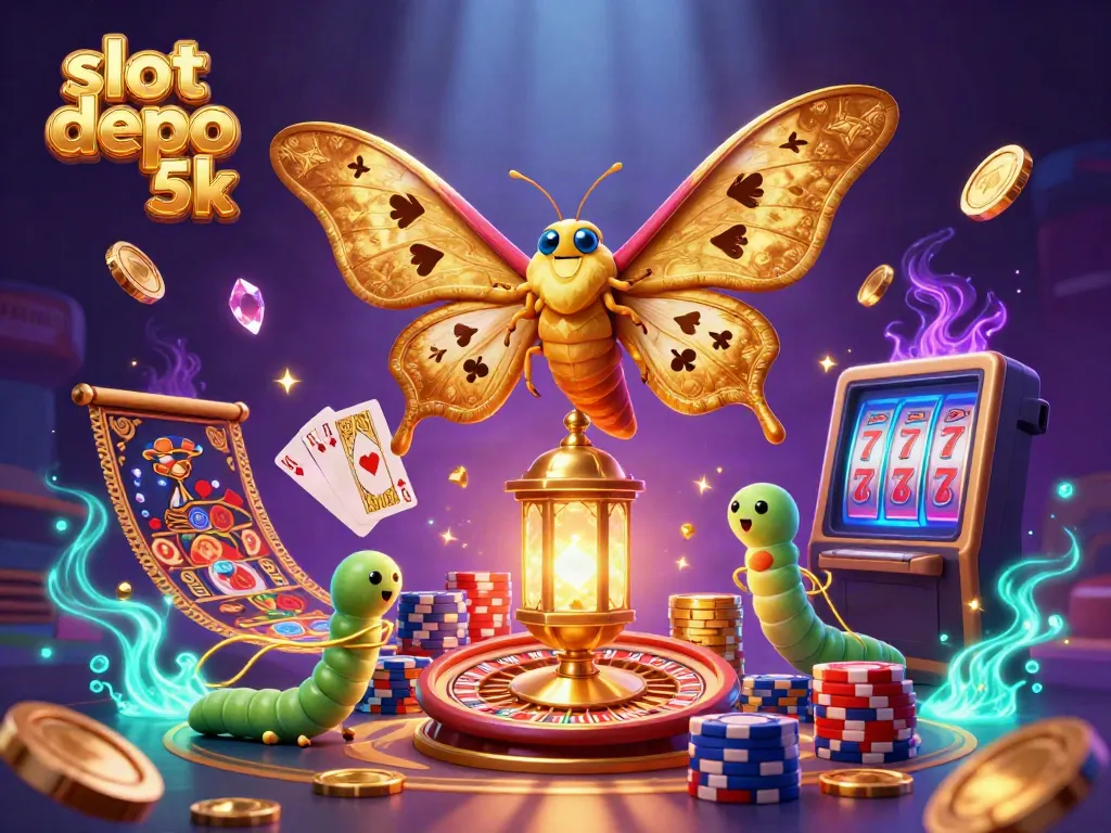 Experience the excitement of slot depo 5k with a stunning 3D illustration of casino elements and vibrant colors.
