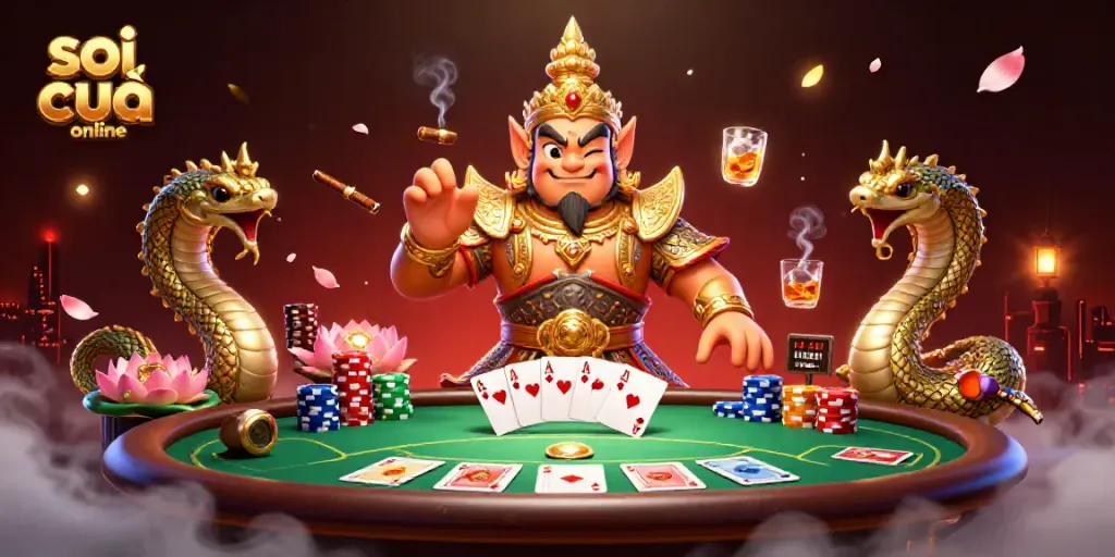 Engage with soi cầu online in a vibrant casino scene featuring a Thai guardian, poker elements, and dynamic atmosphere.
